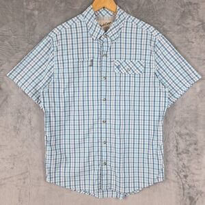 Duck Camp Shirt Mens Large Blue Western Plaid Fishing Hunting Outdoors Vented